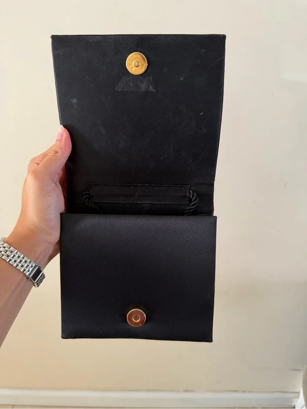 Elegant Black Satin Floral-Trim Evening Clutch